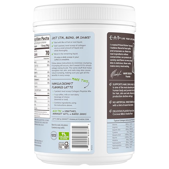 Primal Kitchen Vanilla Collagen Fuel® Drink Mix, Vanilla Coconut Collagen Peptides, No Dairy or Artificial Sweeteners, 20 Ounces