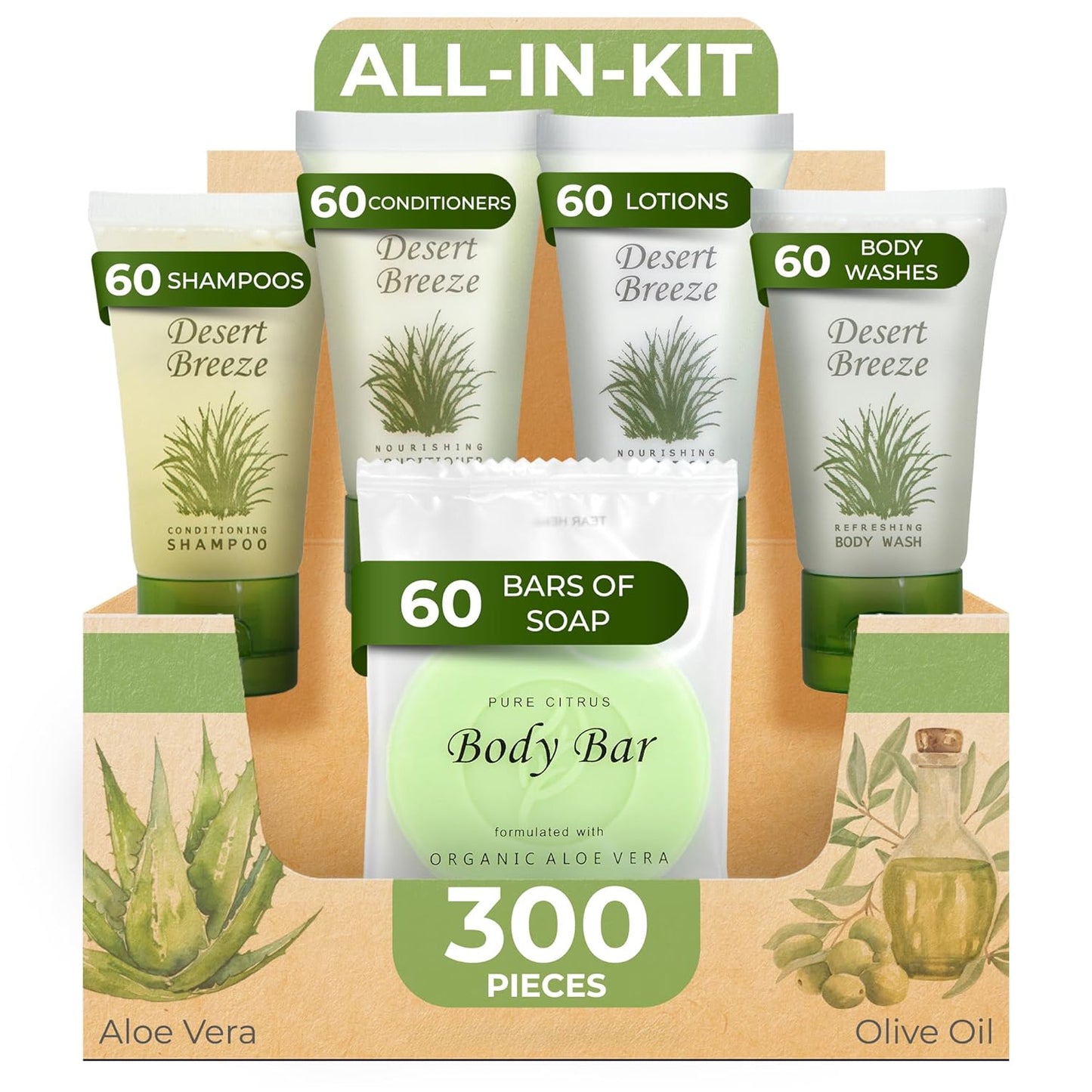 Desert Breeze Hotel Soaps & Toiletries Bulk Set | 1-Shoppe Amenities Kit | 1oz Shampoo & Conditioner, Body Wash, Lotion, Bar Soap | Travel Size | 300 Pieces
