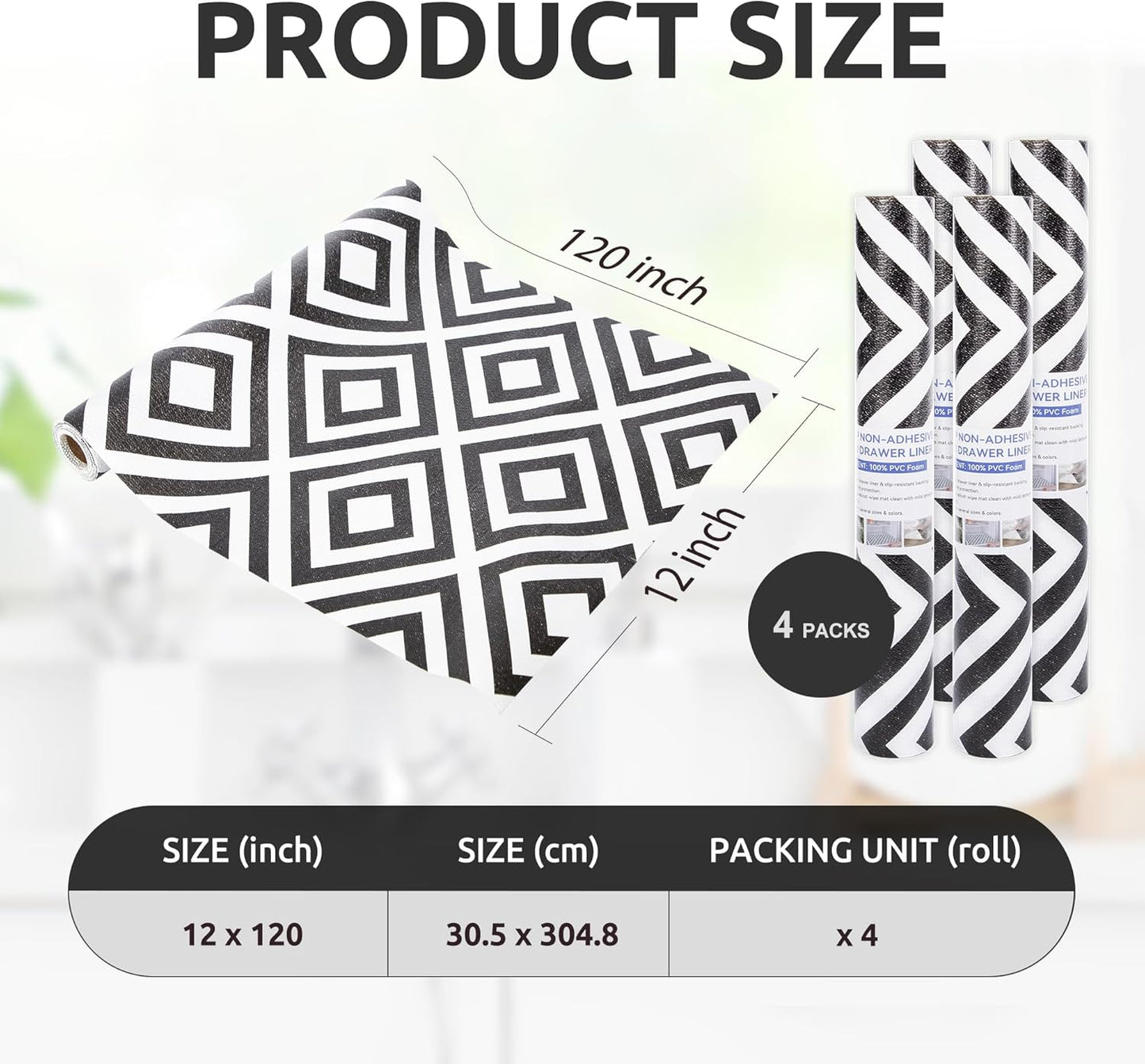 RAY STAR 12X120 Inch Shelf Liner for Kitchen Cabinets, Non-Adhesive Cabinet Liner Washable, PVC Drawer Liner for Dresser Non-Slip Bathroom (Modern Black)(4 Roll)