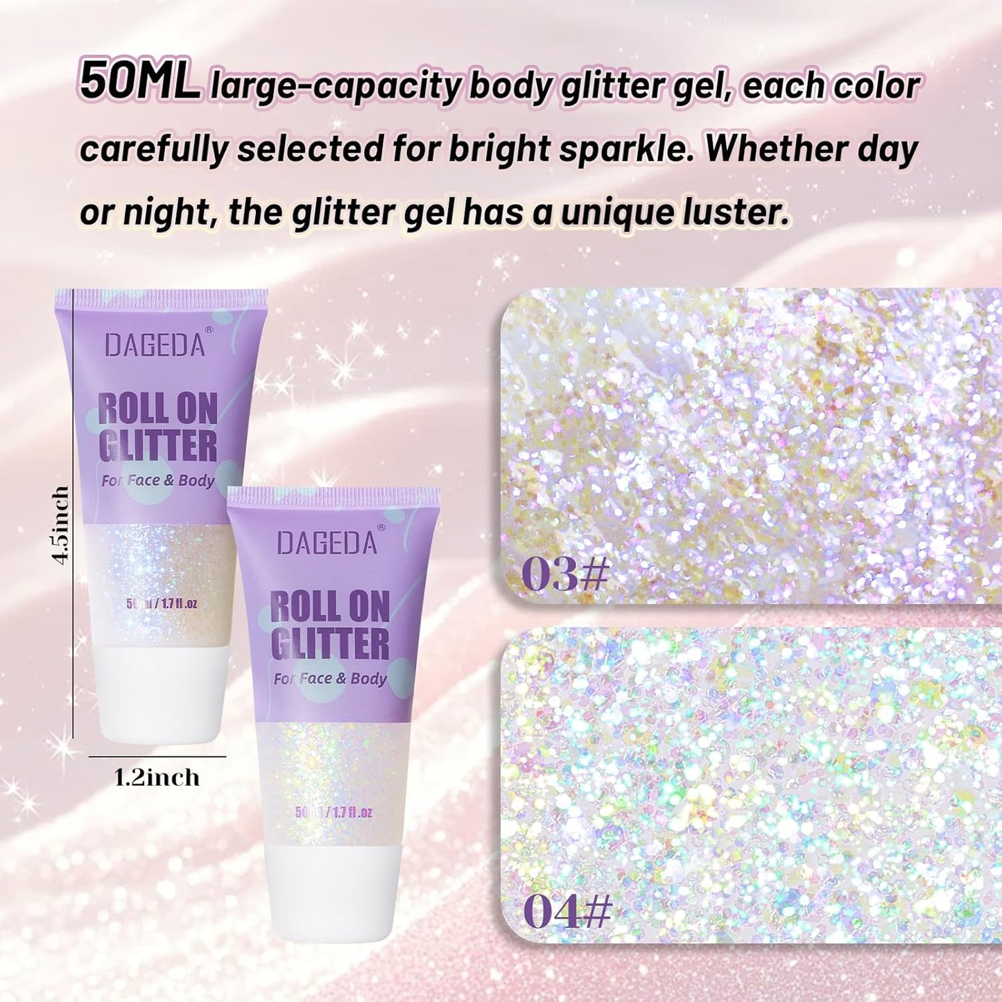DAGEDA 2 Colors Roll-on Body Glitter, Eye Face Glitter Gel for Festival Outfit Mermaid Accessories,Holographic Color Body Shimmer Makeup Rave Outfits Accessories for Women(03+04)