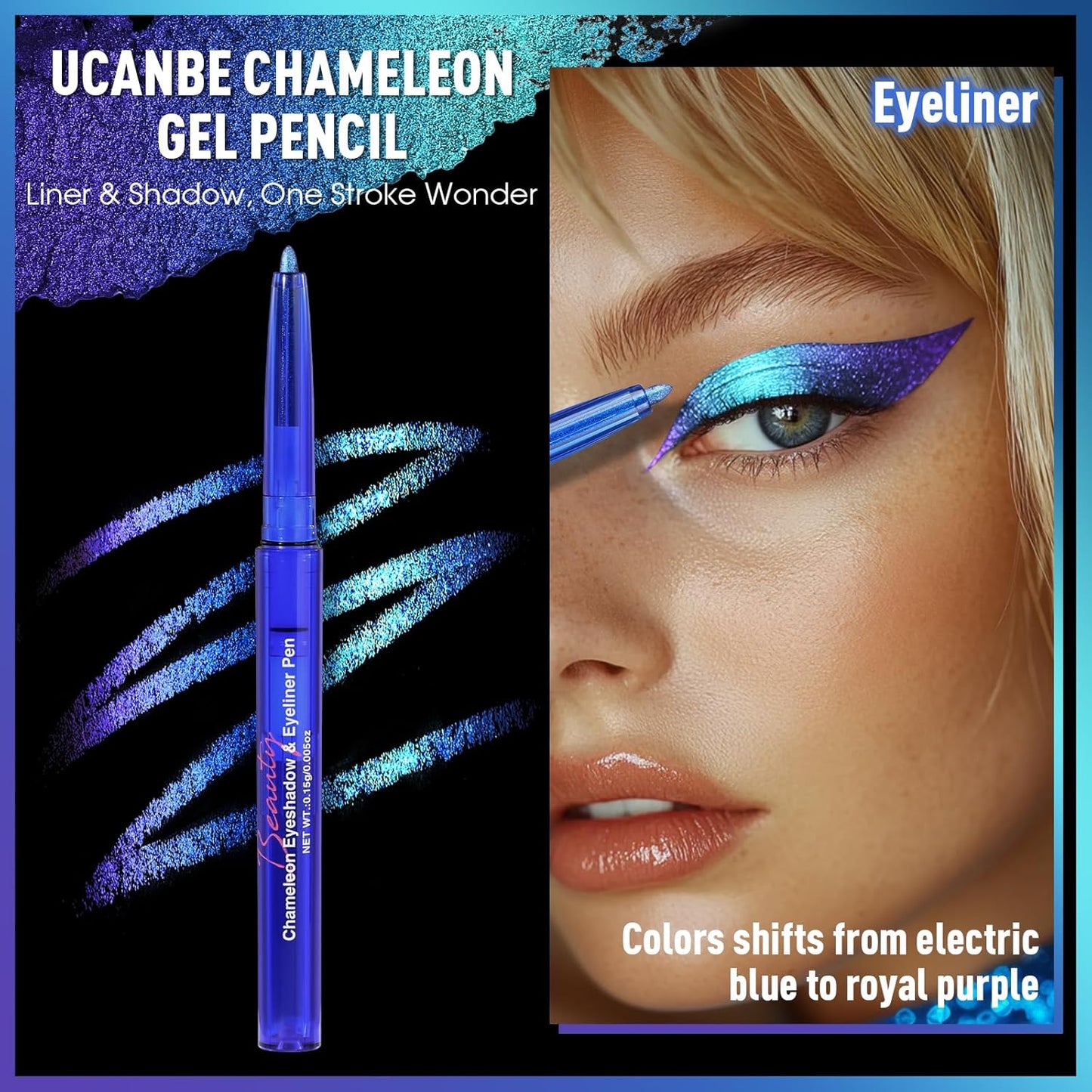 UCANBE Chameleon Eyeshadow & Eyeliner Gel Pencil - Multichrome Shifting Colors Metallic Glitter Eye Makeup,Waterproof Long-Lasting Smudge-Proof Multi-Dimensional Color (Electric Blue to Royal Purple)