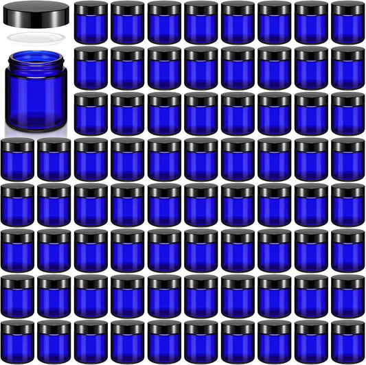 Norme 96 Pcs 4 oz Glass Jars with Lids Leakproof Round Airtight Empty Cosmetic Jars with Inner Liners Lid for Storing Lotions Powder Ointments Candle Making Tins (Black,Blue)