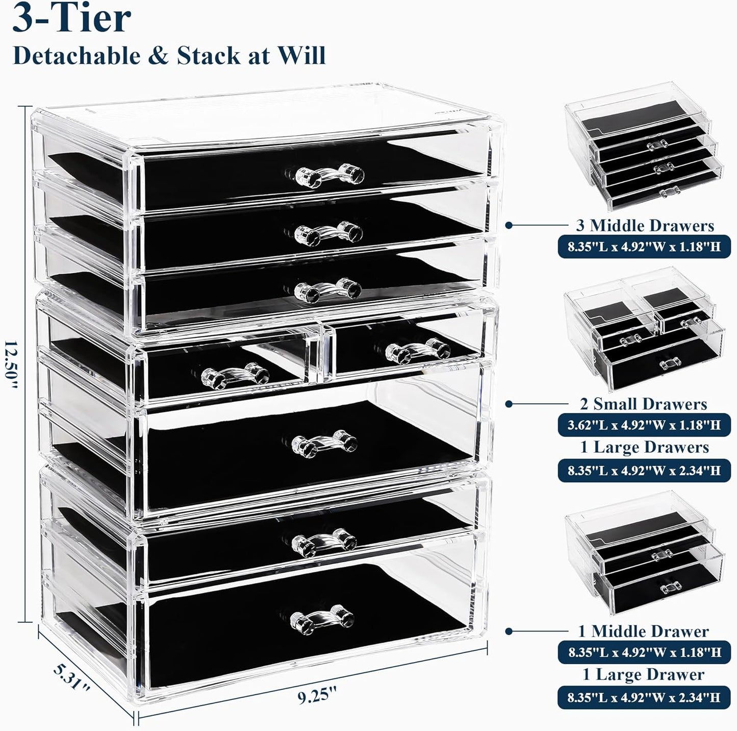Sea Team 3-Tier Stackable Clear Makeup Organizer with Drawers, Acrylic Plastic Cosmetic Display Case, Jewelry Storage Box, Holder for Dresser, Bathroom, Vanity, Countertop (8 Drawers)