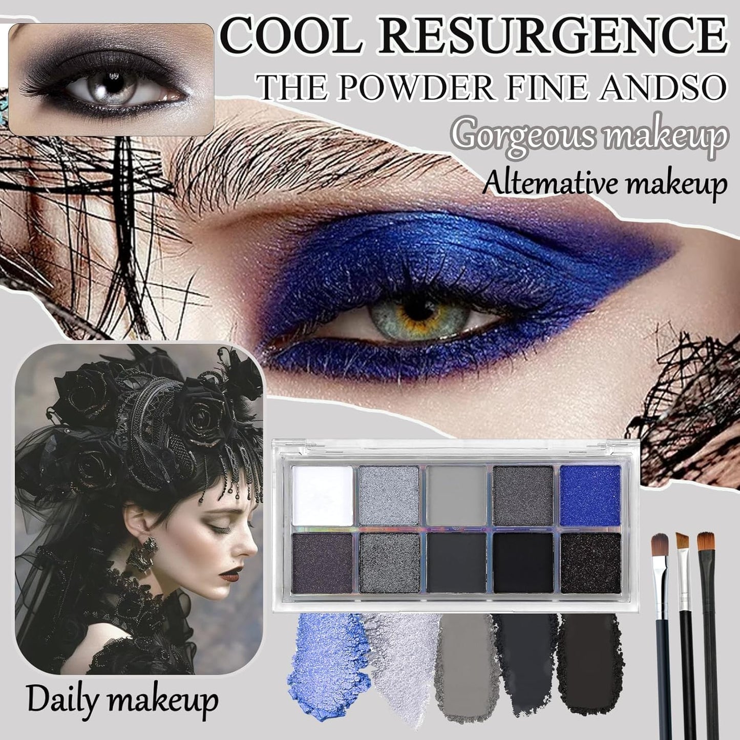 Black Grey Smoky Eyeshadow Palette,15 Colors Matte Shimmer Pigmented Eye Shadow Makeup Palette Set with 3 Eyeshadow Brushes,Glitter Eyeshadow Makeup Palette for Daily Halloween Goth Makeup(E)