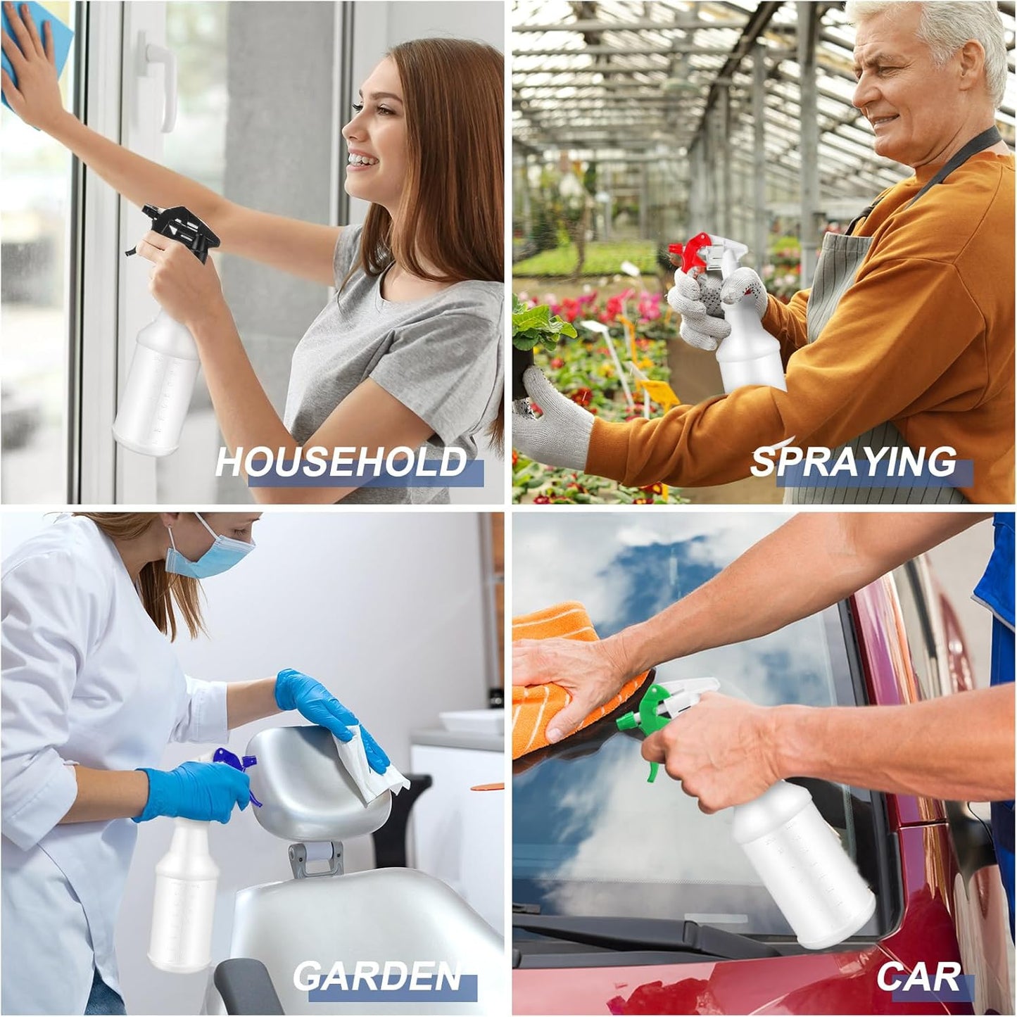 Zubebe 24 Pack 32 oz Plastic Spray Bottle Bulk Empty Leakproof Heavy Duty Spray Bottles for Cleaning Supplies Mist Bottles with Label and Adjustable Nozzle for Plant(Multicolor B,Clear Scale)