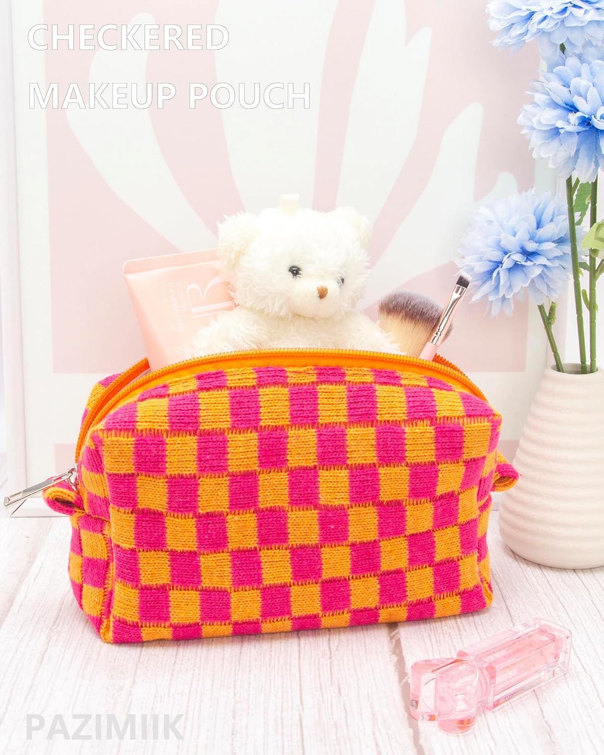 PAZIMIIK 2PCS Checkered Makeup Bag for Purse Portable Zipper Make Up Pouch Small Cosmetic Case for Travel Red Orange