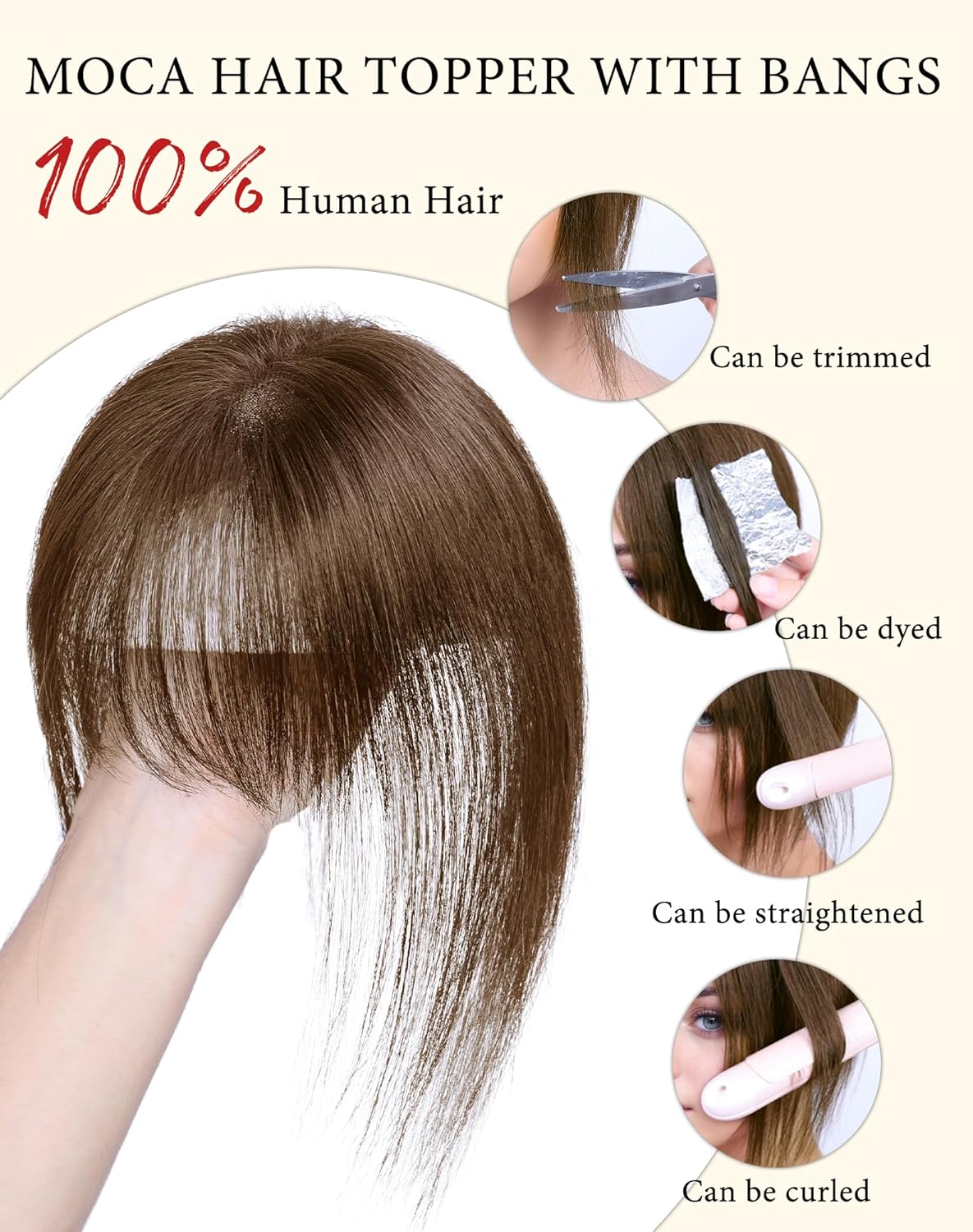 Hair Toppers for Women Real Human Hair, Bangs Hair Clip 360°3D Cover Clip on Bangs for Women Fake Bangs for Daily Wear (10 Inch Brown)