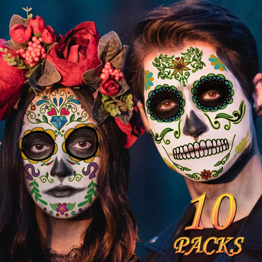 Day of the Dead Face Tattoos, Halloween Temporary Tattoo 10 Pack Dia de Los Muertos Skeleton Makeup Kit Catrina Red Rose Sugar Skull Full Face Stickers for Women Kids Halloween Accessories and Parties