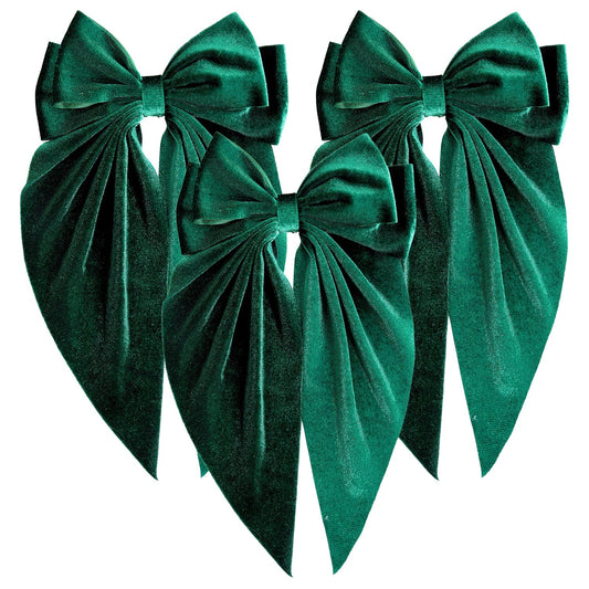 3 PCS Large Velvet Hair Bows, Oversized Long Tail Bows with Aliigator Clips, Coquette Hair Accessories for Women and Girls (Green)
