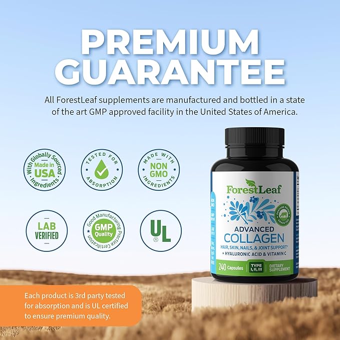 ForestLeaf Multi Collagen Pills - Collagen Men & Collagen Women - Hydrolyzed Collagen Supplements with Vitamin C & Hyaluronic Acid - Collagen Capsules for Hair, Skin & Nails (240 Peptide Capsules)