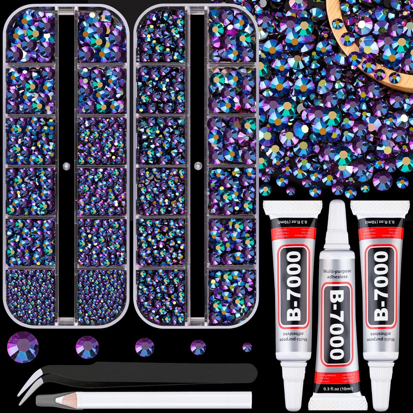 Resin Jelly Rhinestones for Crafting with B7000 Jewelry Glue, 2 Boxes Purplish Black AB Flatback Crystals with 3Pcs 10ml Glue, Bedazzling Non Hotfix Gems for DIY Tumblers Clothing Shoes Manicure