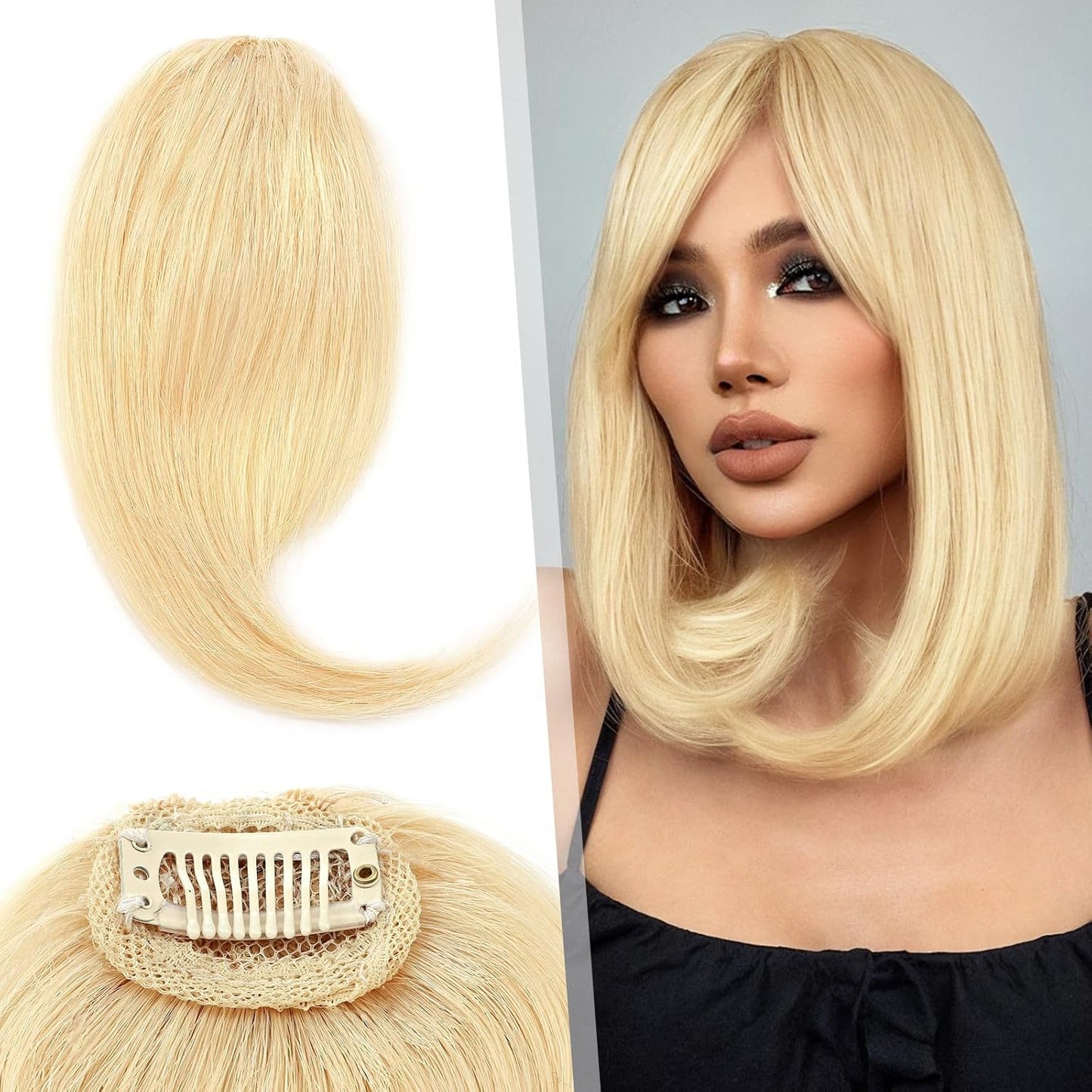 Hairro Clip in Wave Side Bangs Extensions, 100% Human Hair 2 PCS Clip on Middle Part French Bangs Thin Sides Swept Fringe Hairpieces
