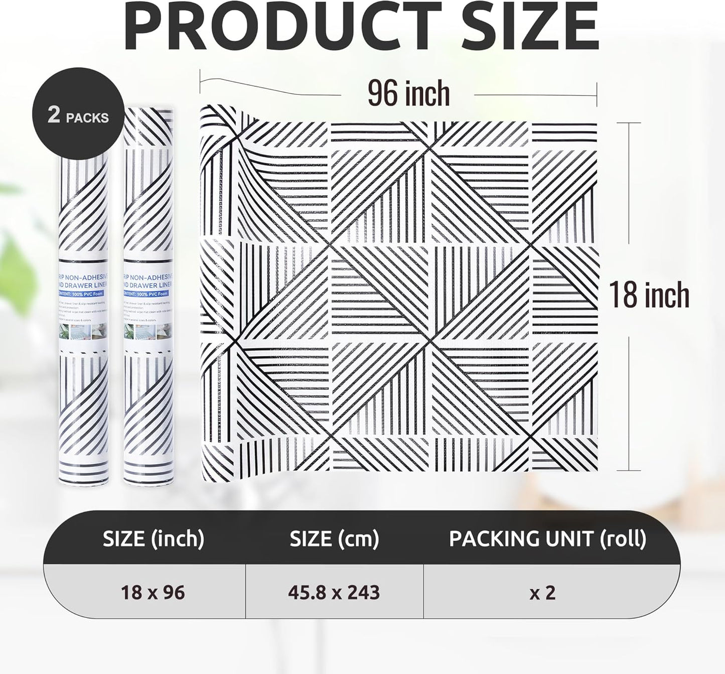 RAY STAR 18X96 Inch Shelf Liner for Kitchen Cabinets, Non-Adhesive Cabinet Liner Washable, PVC Drawer Liner for Dresser Non-Slip Bathroom (Classic Black)(2 Roll)