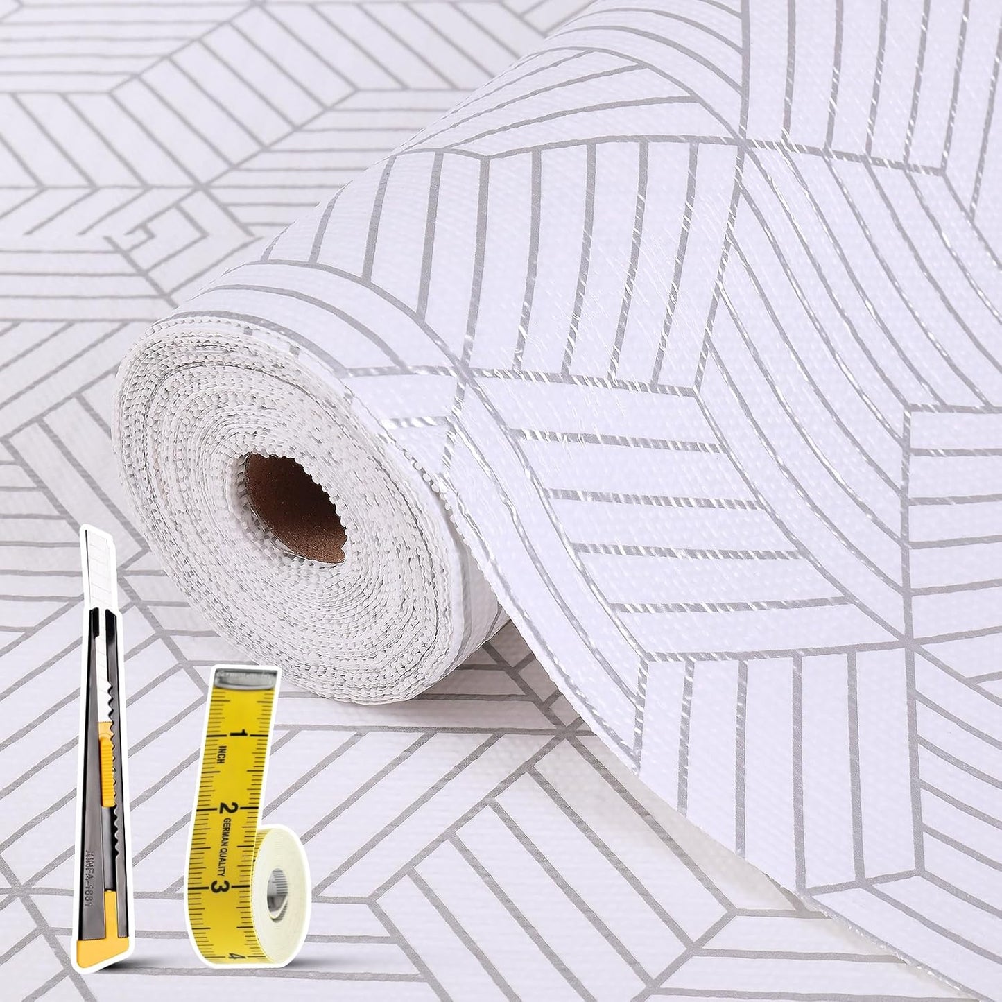 Shelf Liners for Kitchen Cabinets 12in x 20FT, Non Adhesive Cabinet Liner Strong Non-Slip Thickened Silver Geometric Easy to Clean for Shelf, Cabinet, Refrigerator with Knife and Tape Measure