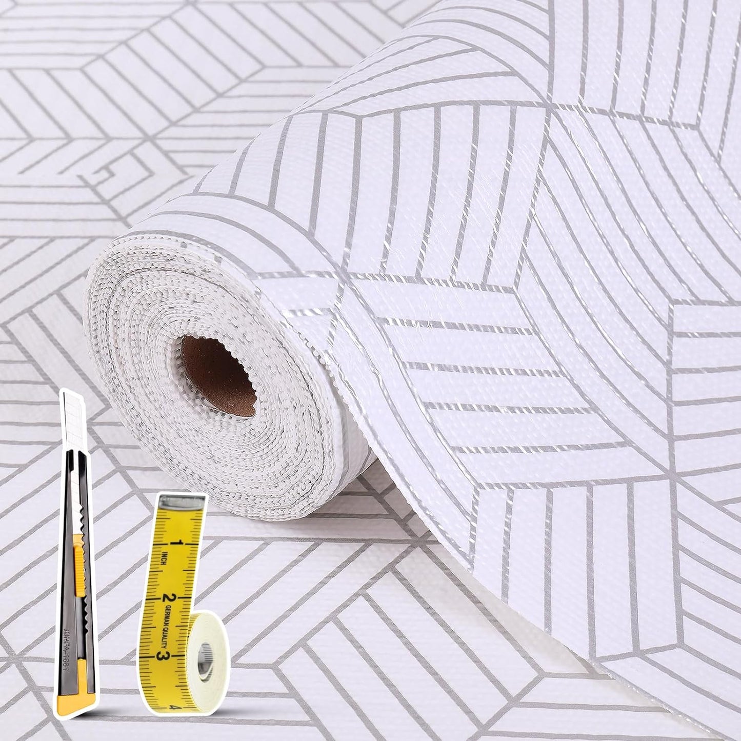 Shelf Liners for Kitchen Cabinets 24in x 20FT, Non Adhesive Cabinet Liner Strong Non-Slip Thickened Silver Geometric Easy to Clean for Shelf, Cabinet, Refrigerator with Knife and Tape Measure