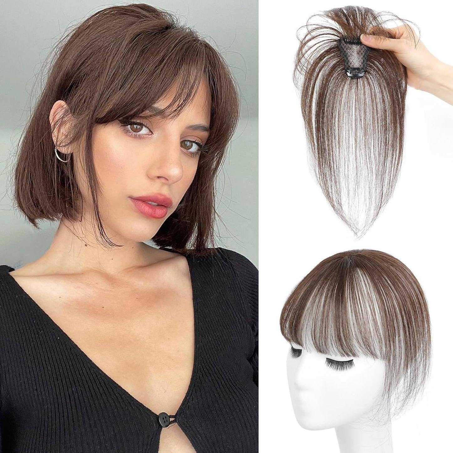MORICA Bangs Hair Clip, 360° 3D Cover Clip in Bangs 100% Real Human Hair Toppers with Bangs，Hair pieces for Women Fake Bangs for Daily Wear (Dark Brown, 4×6 3D Bangs)