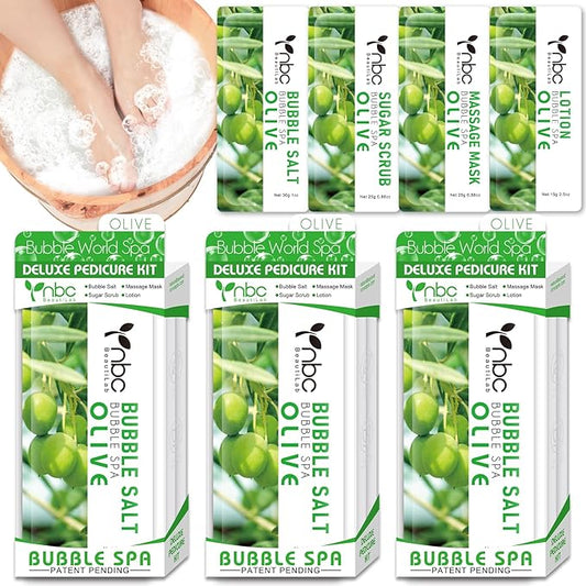 Pedicure Kit Foot Soak Set: Bubble Salt, Sugar Scrub, Massage Mask, Massage Lotion in a Box, 4 Step Foot Spa Kit for Dry Feet, Calluses and Tired Feet(3 Set Olive)