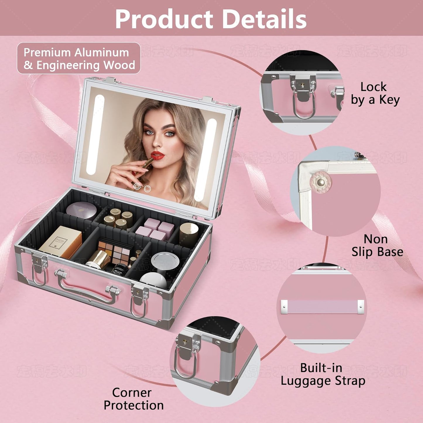 Travel Makeup Case with LED Mirror - Hard Shell Pink Travel Makeup Bag with Mirror - Portable Makeup Organizer with Mirror, Vanity Case for Cosmetics, Adjustable Divider
