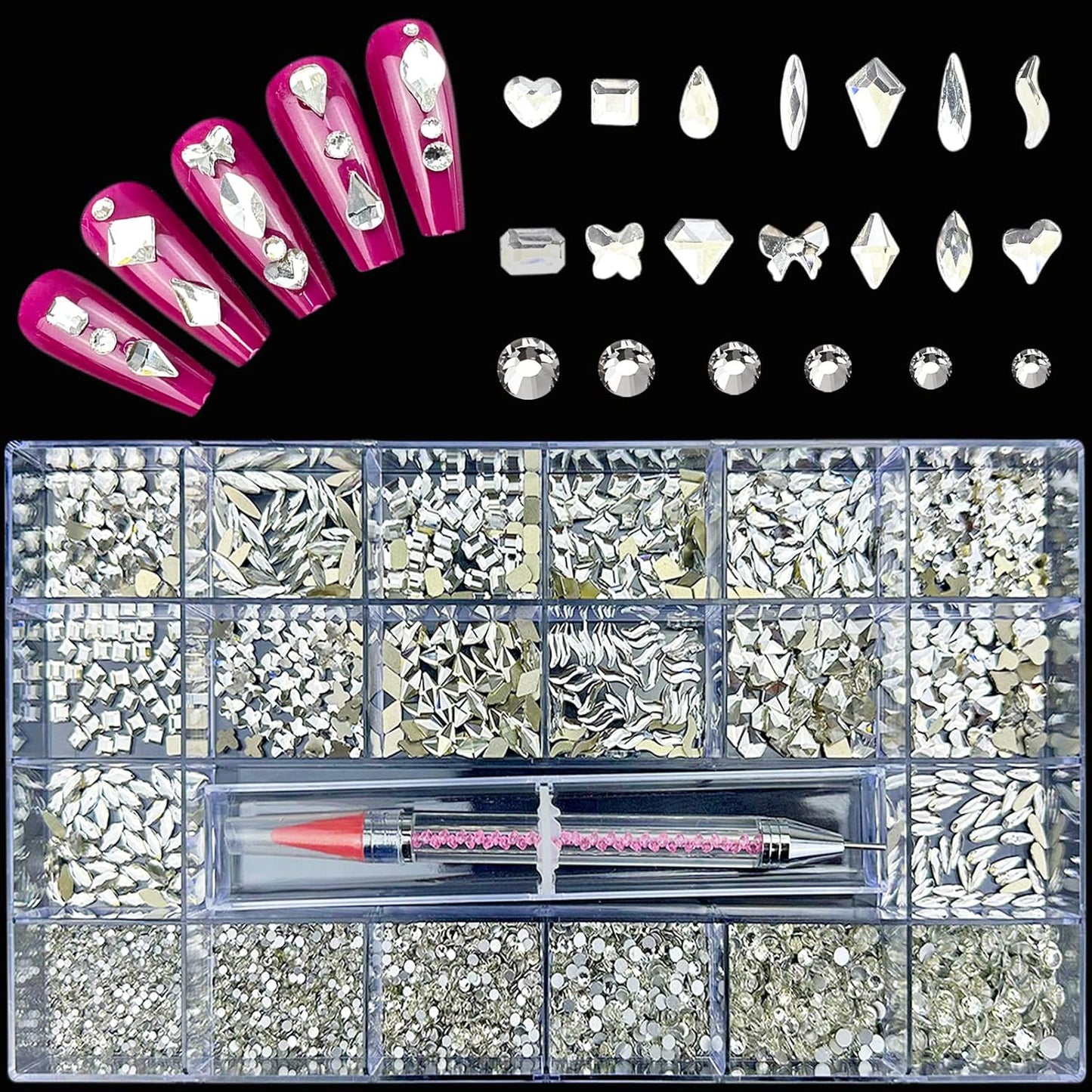 HUETFAT 14 Shaped Clear Nail Rhinestones for Art +6 Size Round Flatback Nails-Silver Charms with Wax Pen