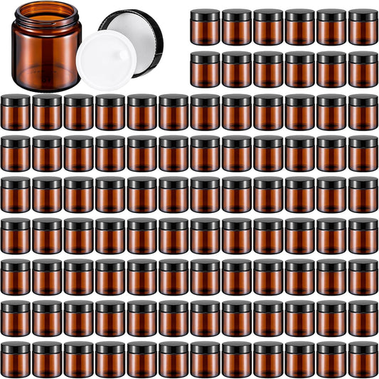Norme 120 Pcs 4 oz Glass Jars with Lids Leakproof Round Airtight Empty Cosmetic Jars with Inner Liners Lid for Storing Lotions Powder Ointments Candle Making Tins (Black,Amber)