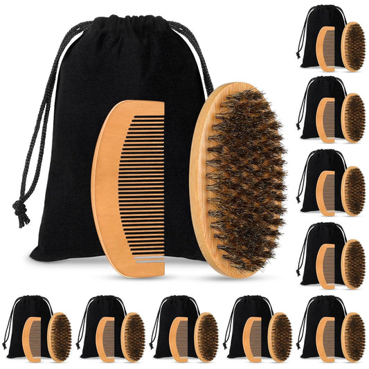 10 Sets Grooming Kit for Men - Natural Boar Bristle Brush, Pear Wood Dual-Sided Wide Tooth Comb, and Travel Pouch (Oval Shape) for Beard Care