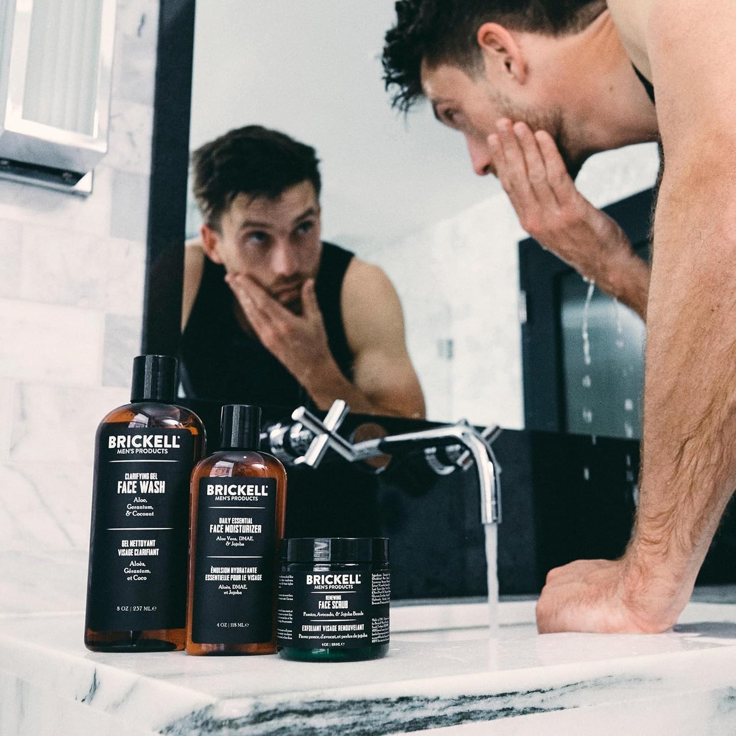 Brickell Men's Daily Advanced Face Care Routine I, Gel Facial Cleanser Wash, Face Scrub, Face Moisturizer Lotion, Natural and Organic, Unscented, Men's Skin Care Gift Set