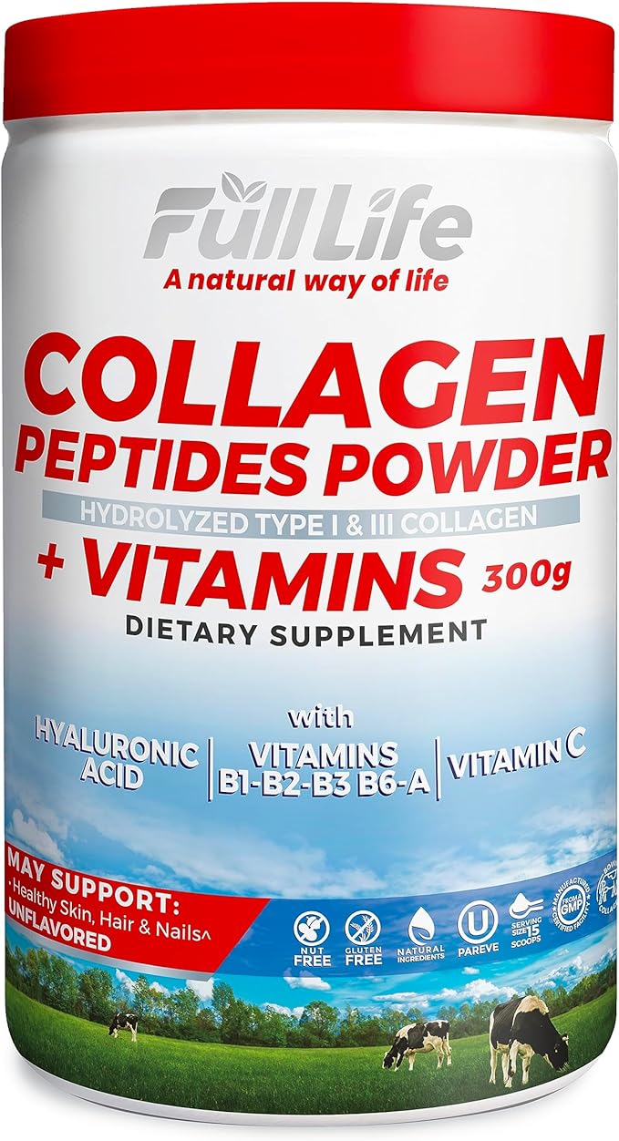 Full Life Collagen Peptides Powder - Bovine Collagen Supplement with Hyaluronic Acid - Hydrolyzed Collagen Powder for Women and Men - Kosher, Gluten-Free - 300g