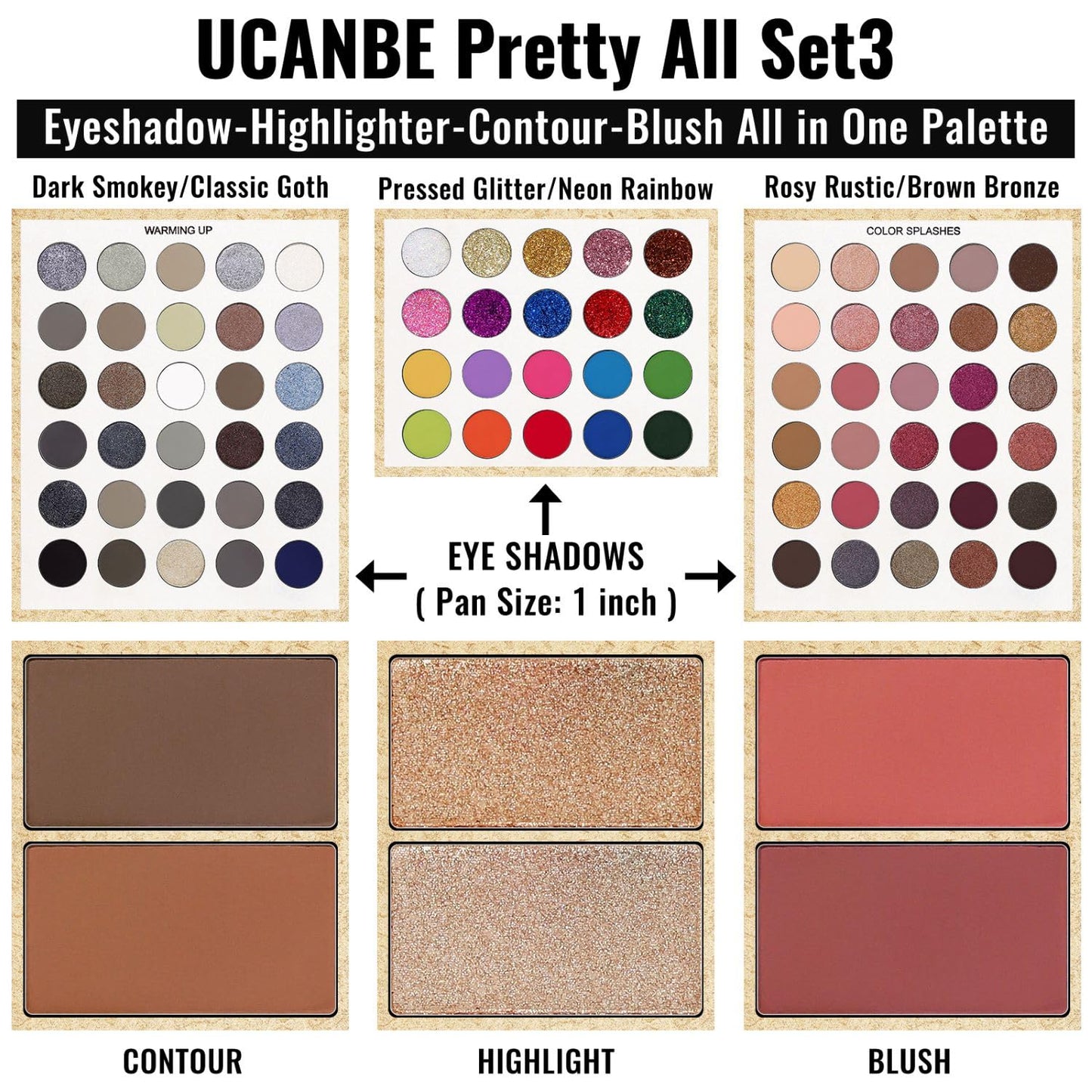 UCANBE Eyeshadow Palette with Brushes Makeup Sets, Pigmented Eye Makeup Pallet Holiday Gift Set, Goth Smokey Rosy Neutral Glitter Rainbow Eye Shadows & Contour Highlight Blush All-in-One Make Up Kit