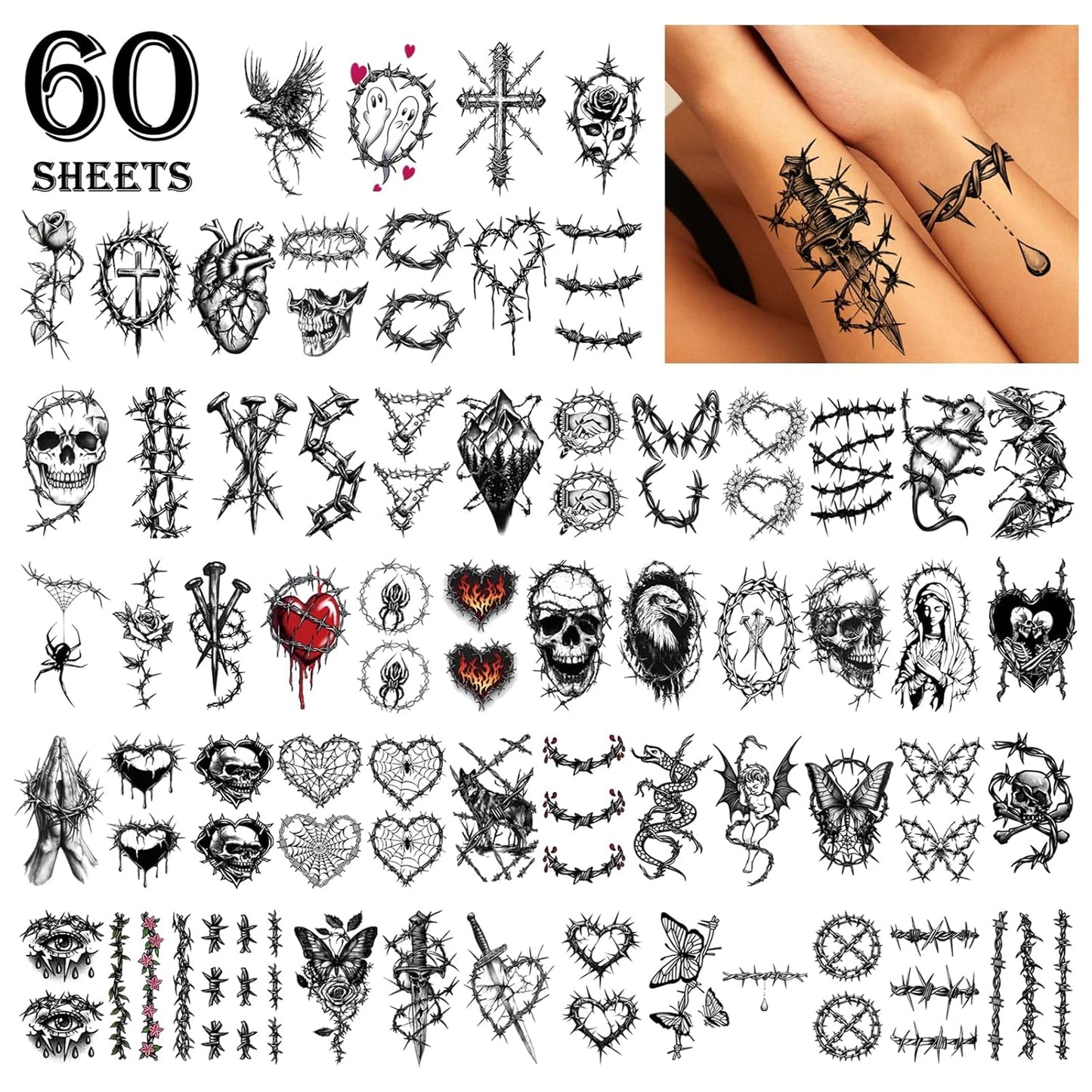 Barbed Wire Temporary Tattoos, 77 Sheets Horrible Realistic Fake Tattoo Designs for Adults, Waterproof Half Arm Small Tattoos for Men and Women
