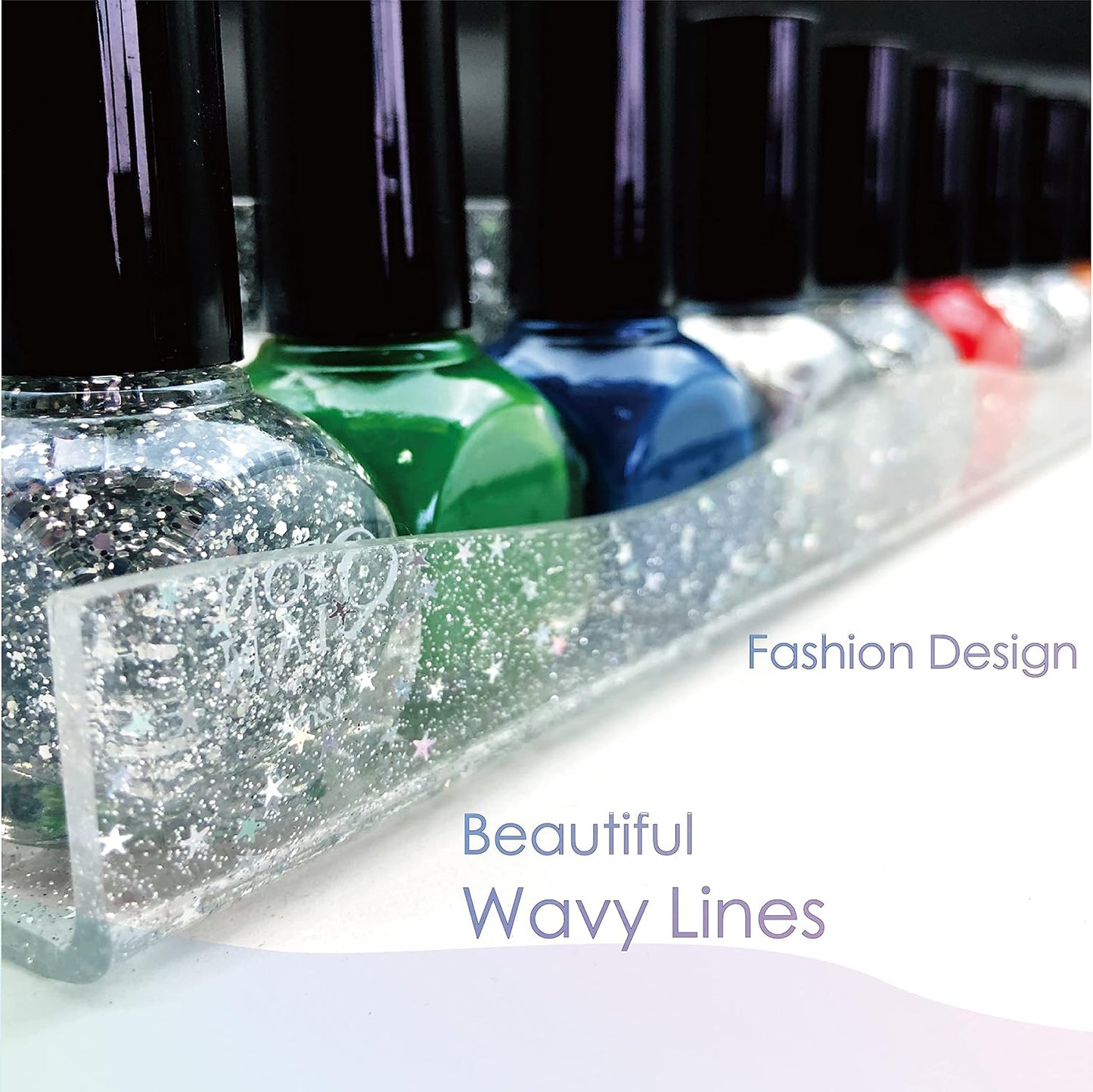 YMVV 15" Nail Polish Rack Wall Mounted Shelf with Iridescent Star Shaped Glitters Sequin Inside,Clear Acrylic Nail Polish Organizer for Nail Techs,Great Display for Salons Retailers（6 Pack）