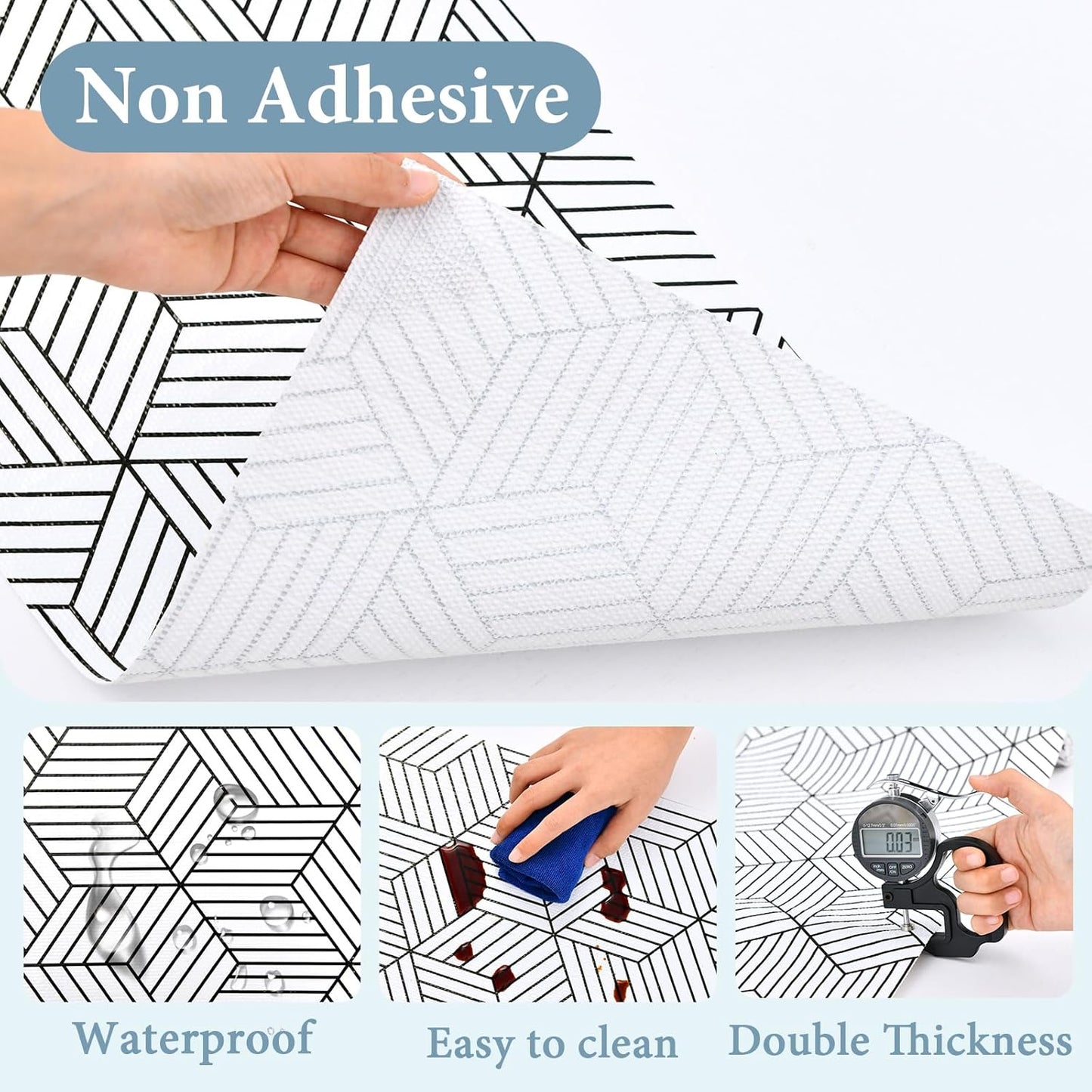 Shelf Liners for Kitchen Cabinets 12in x 30FT, Non Adhesive Cabinet Liner Strong Non-Slip Thickened Black White Geometric Drawer Liner, Easy to Clean for Shelf, Cabinet with Knife and Tape Measure