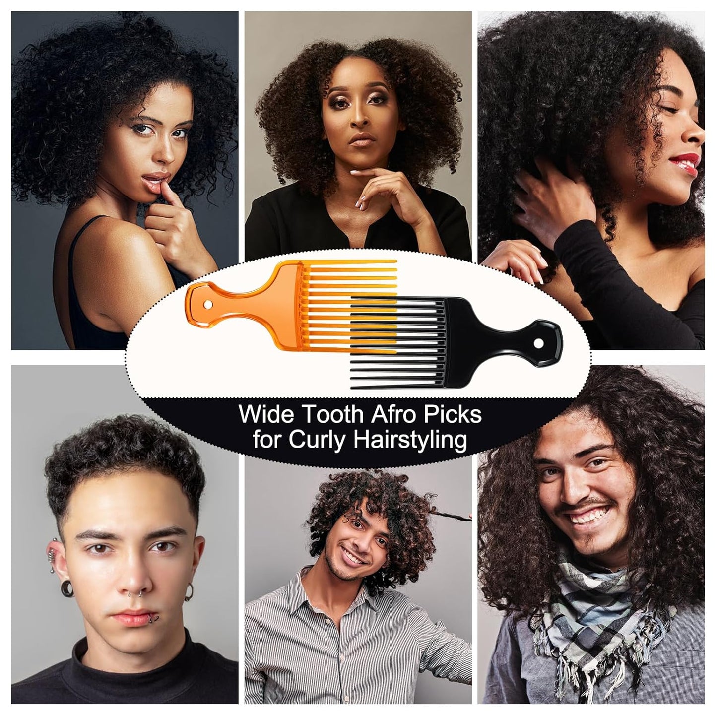 SIMPOR 2 Pcs Hair Pick Comb Wide Tooth Lift for Hair Styling Detangling Plastic Afro Pick for Women Men (Clear Orange, Black)