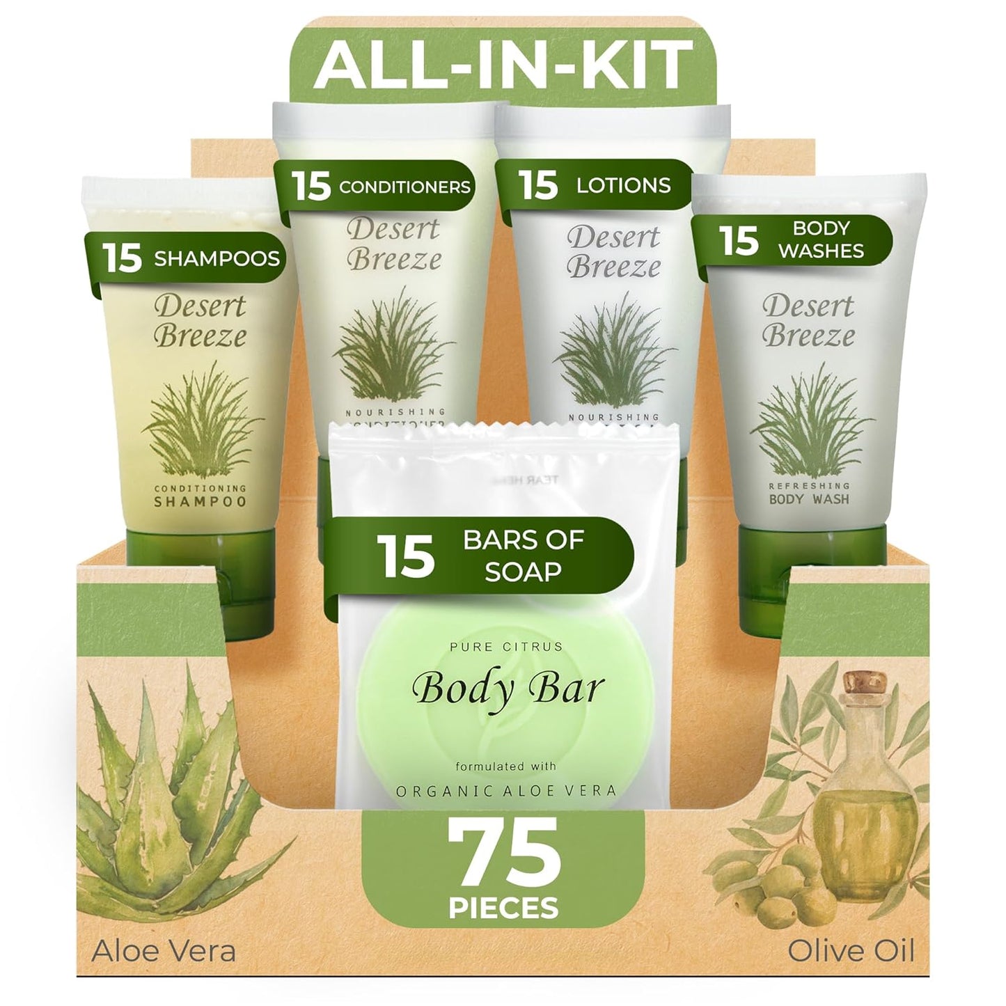 Desert Breeze Hotel Soaps & Toiletries Bulk Set | 1-Shoppe Amenities Kit | 1oz Shampoo & Conditioner, Body Wash, Lotion, Bar Soap | Travel Size | 75 Pieces