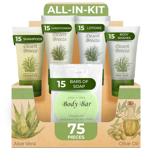 Desert Breeze Hotel Soaps & Toiletries Bulk Set | 1-Shoppe Amenities Kit | 1oz Shampoo & Conditioner, Body Wash, Lotion, Bar Soap | Travel Size | 75 Pieces