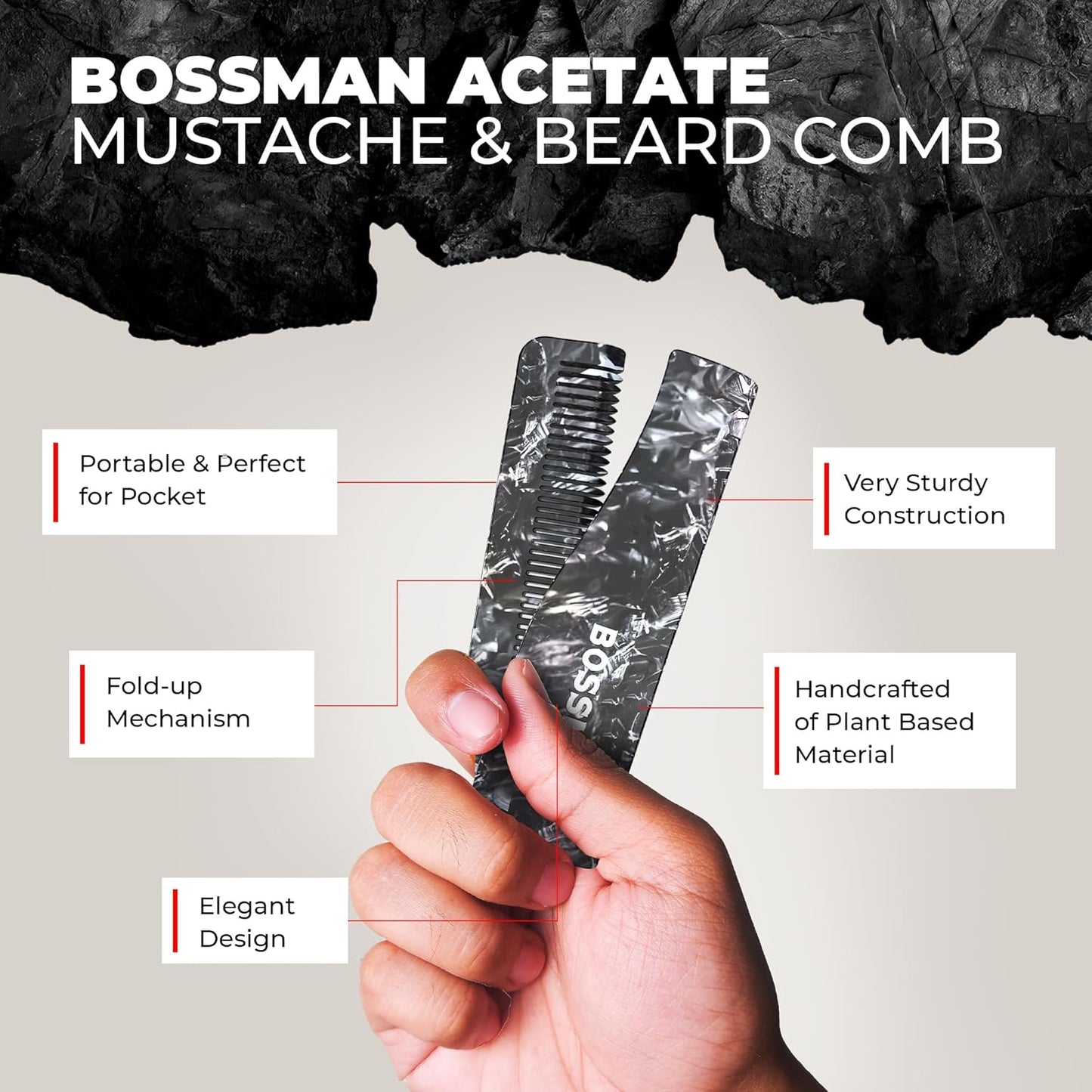 Bossman Acetate Folding Comb for Men – 3.5-Inch Travel Mustache & Beard Comb, Portable Pocket Hair Tool