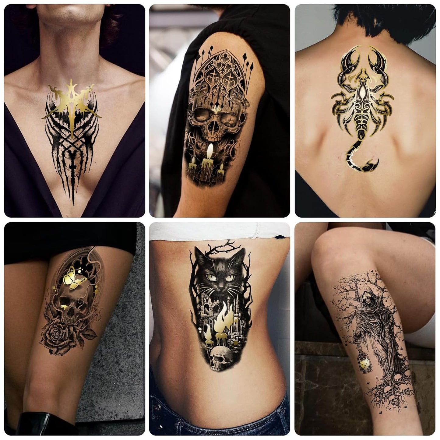42 Sheets Gothic Temporary Tattoo, 12 Sheets Metallic Skull Cat Snake Spider Crow Half Arm Scary Fake Tattoos for Adults Men Women, 30 Sheets Small Tattoos Stickers for Party Supplies