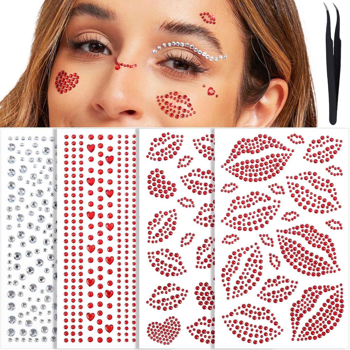 YGDZ Face Gems Self-Adhesive Face Jewels Stickers, Red Lip Hair Gems, Festival Kiss Jewels, Face Rhinestone Stickers for Makeup, Eye, Hair, Body, Rave Accessories, Stick on Gems for Kids, Women