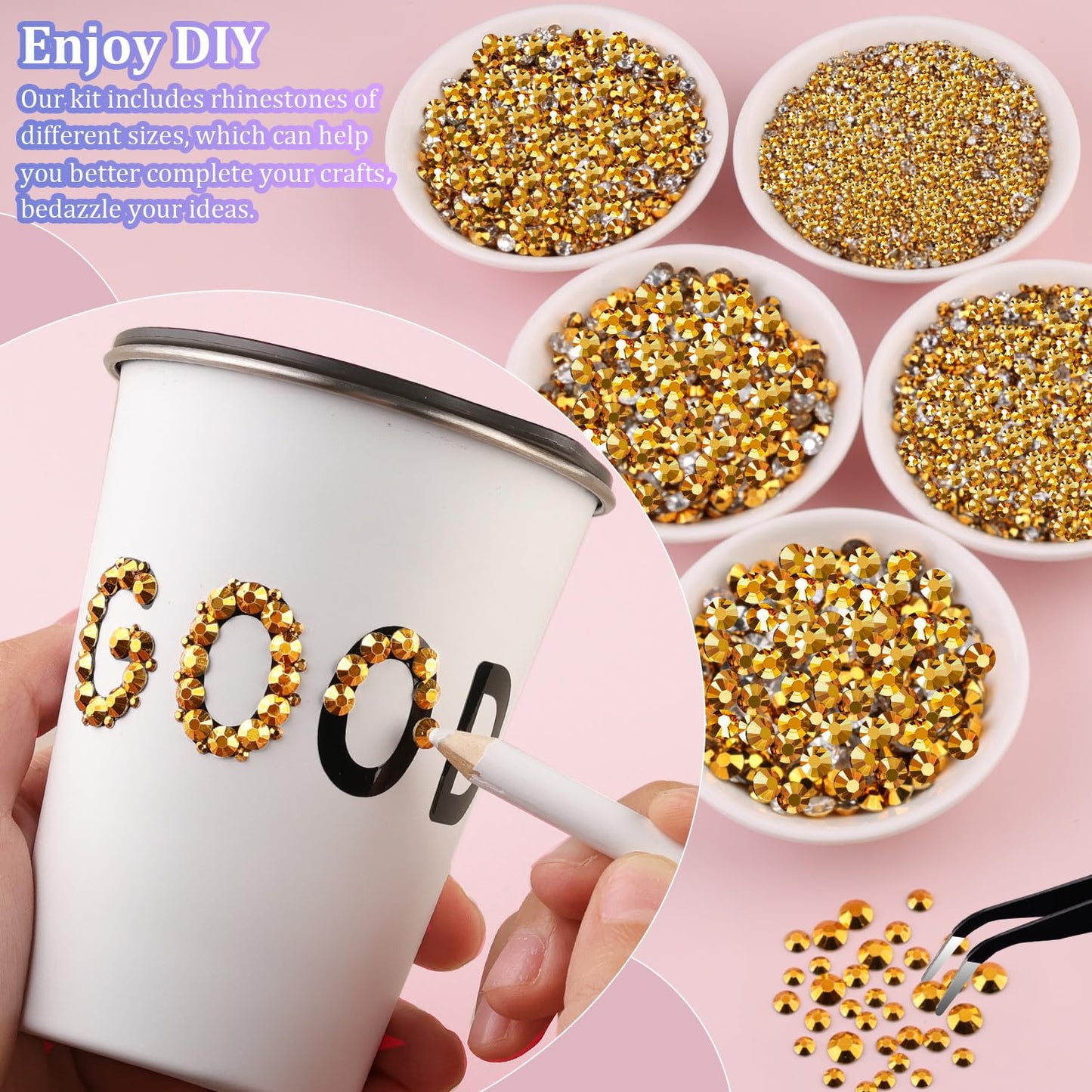25000Pcs Resin Rhinestones with Tweezers for Crafting, Gold Flatback Gems, Bedazzling Crystal with 3Pcs 10ml B7000 Jewelry Glue for DIY Crafts Clothing Tumblers Shoes Fabric Nail Art