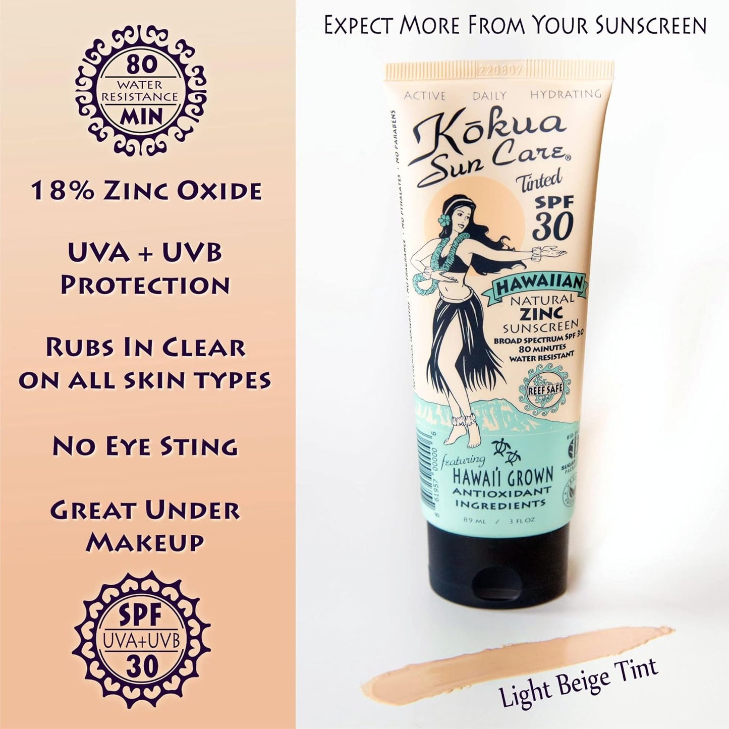 Kokua Sun Care Hawaiian Reef Safe SPF 30 | Zinc Oxide | Tinted Mineral for Face & Body | Sun Protection | Water Resistant | Chemical Free | Natural Ingredients