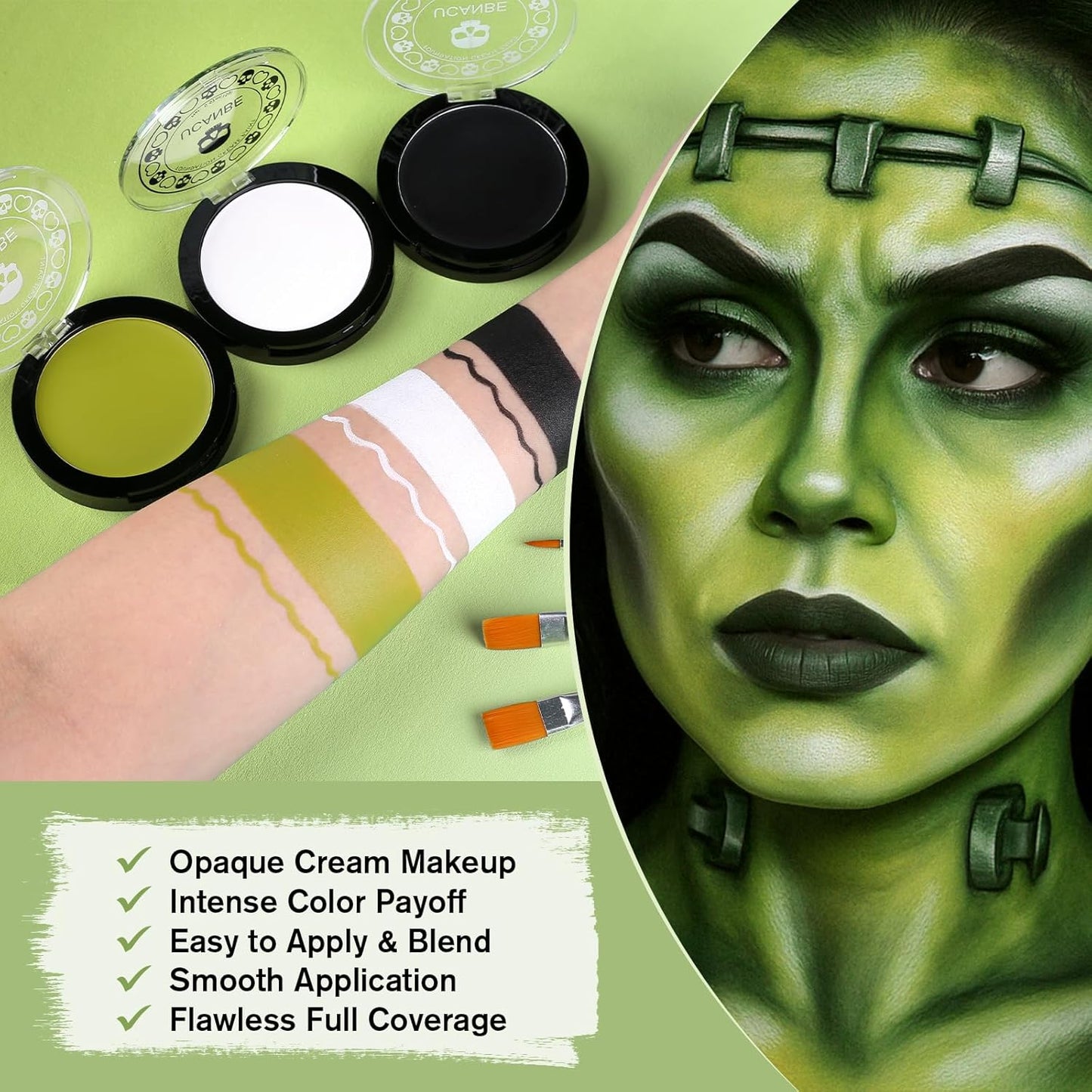 White Foundation + Black Green Face Body Paint with Painting Brushes Halloween Makeup Set, Kids Adults Facepaint Kit for Witch Monster Grinch Shrek Hulk Alien Special Effects Make Up Cosplay Party