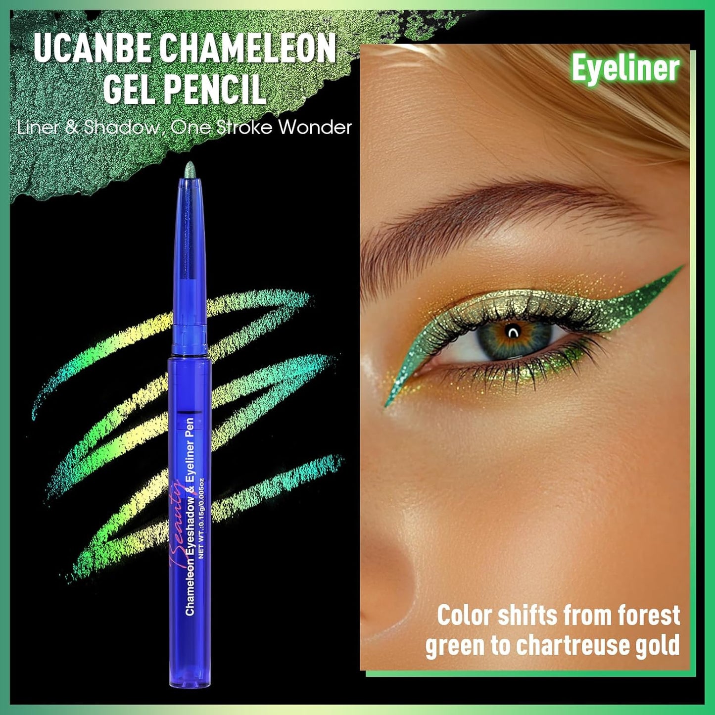 UCANBE Chameleon Eyeshadow & Eyeliner Gel Pencil-Multichrome Shifting Colors Metallic Glitter Eye Makeup,Waterproof Long-Lasting Smudge-Proof Multi-Dimensional Color (Forest Green to Chartreuse Gold)
