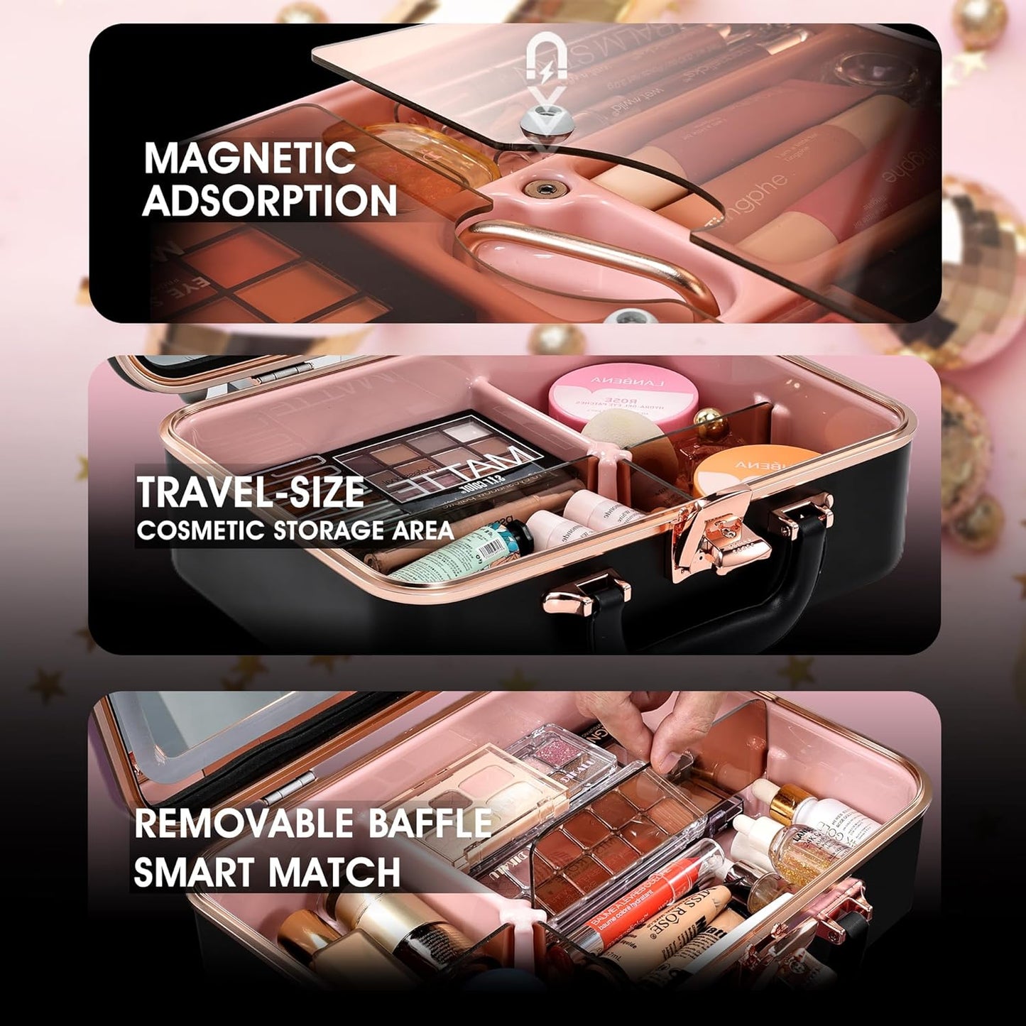 Travel Makeup Case with LED Lighted Mirror 12 Inch Portable Makeup Box Organizer Adjustable Brightness in 3 Colors Cosmetic Storage Case with Dividers Hard Aluminum Shell Vanity Box Black