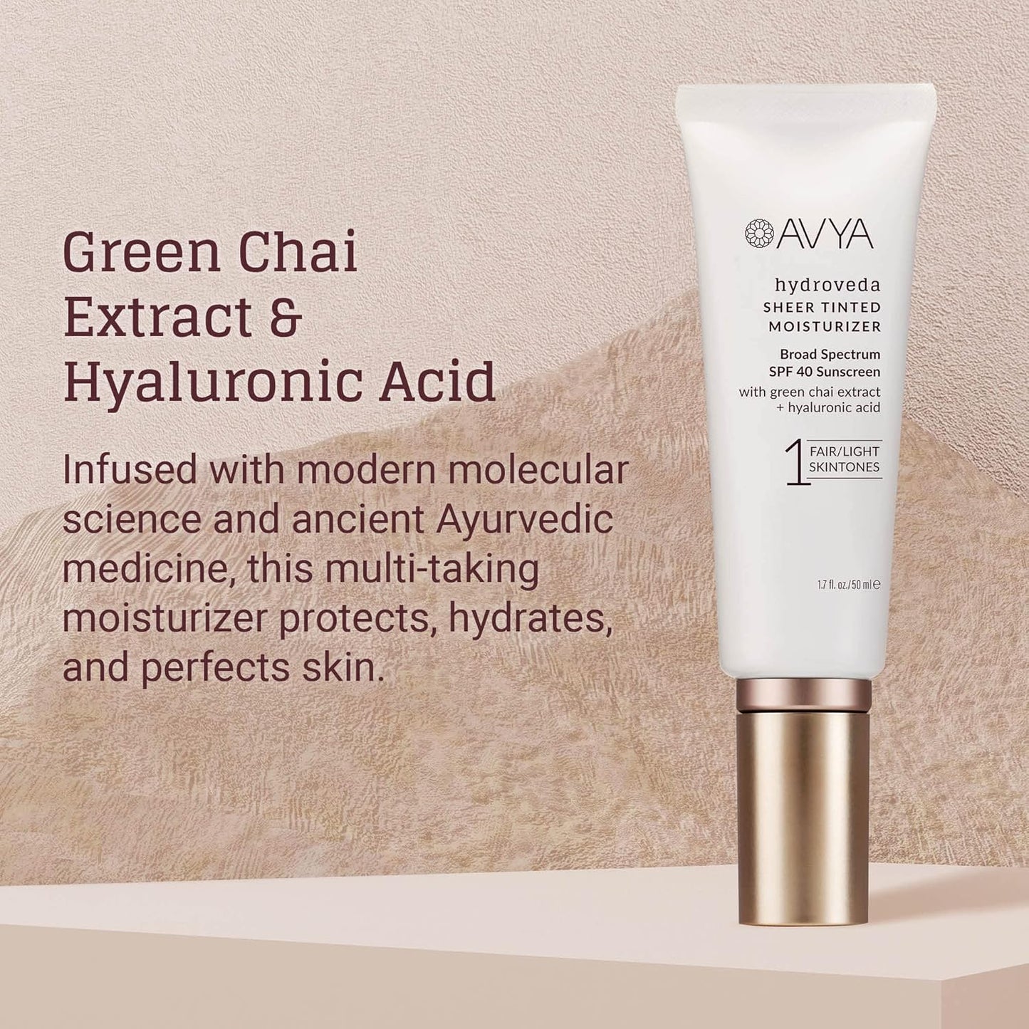 AVYA SPF 40 Sheer Tinted Moisturizer with Hyaluronic Acid & Green Chai – Advanced Ayurvedic Skincare Treatment for Balanced and Brighter Skin/Fair & Light Skintones Shade #1 (1.7oz/50ml)