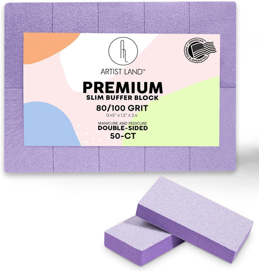 Slim Purple Buffer Set – (80/100 Grit) - 50 Ct- Professional Grade Salon Quality Nail Buffing Blocks Pack for Pre-Application of Polish, Gel, Acrylic, Double-Sided Nail Buffer Blocks
