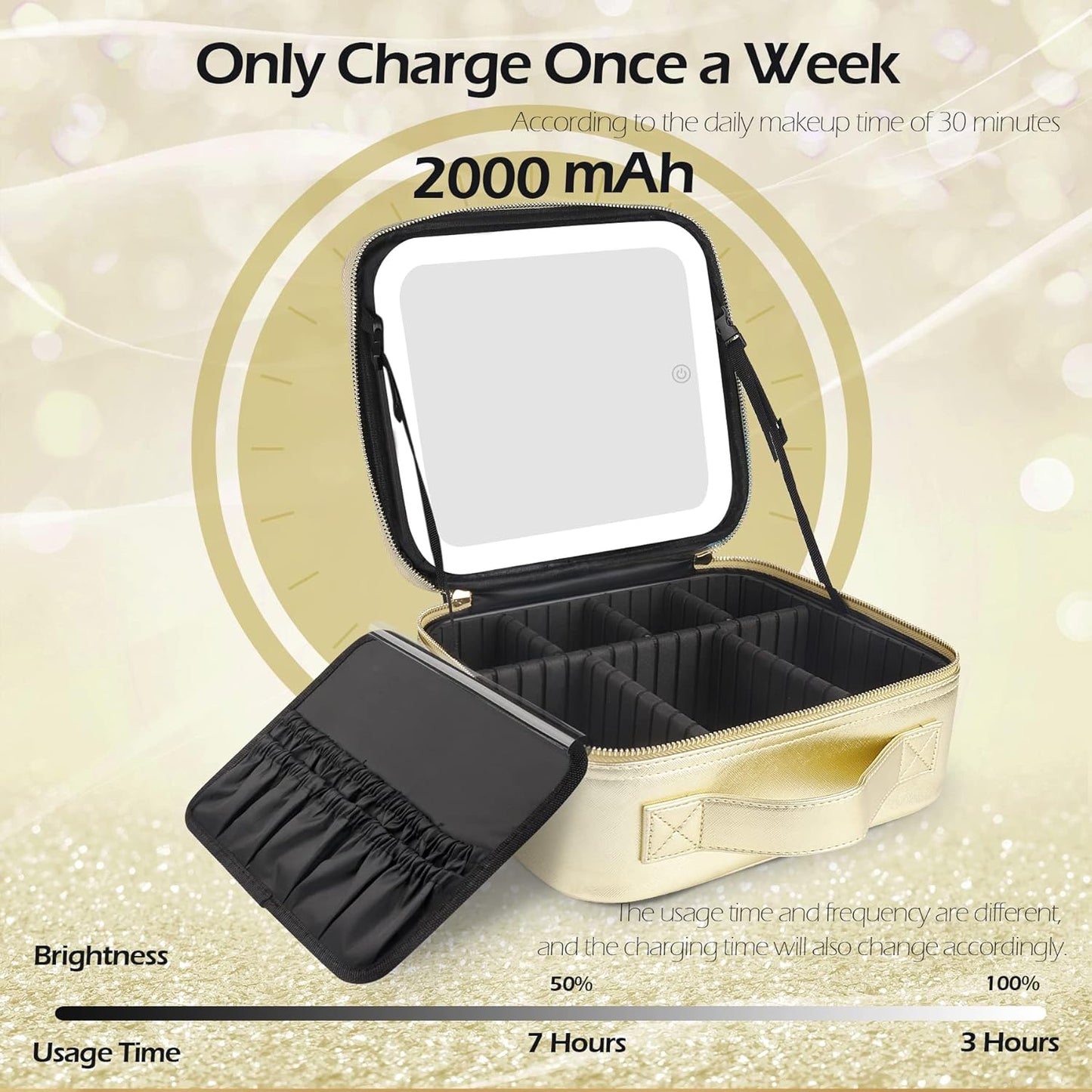 MOMIRA Travel Makeup Bag Cosmetic Bag Makeup Organizer Bag with Lighted Mirror, Adjustable Brightness in 3 Color Scenarios, Waterproof Makeup Train Case, Gift for Women - Golden