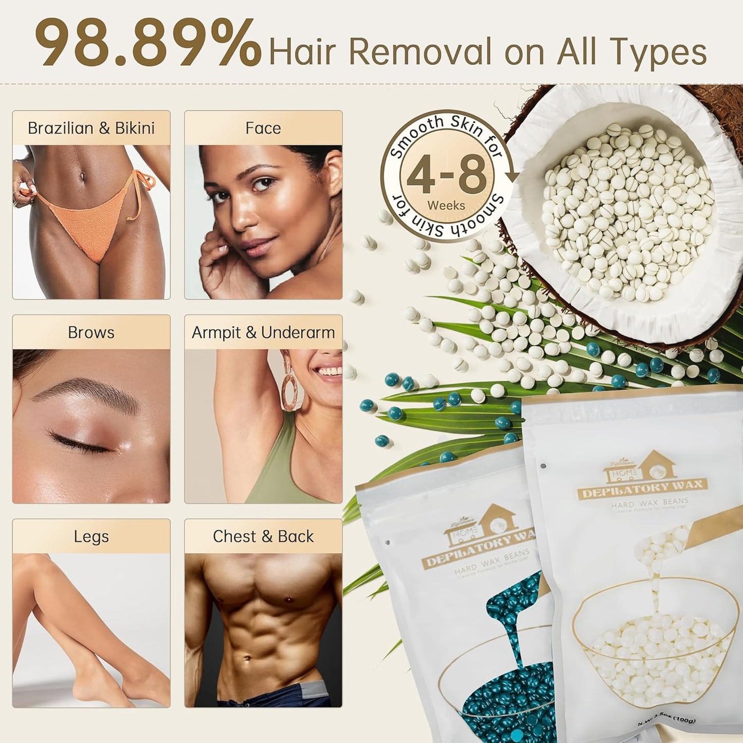 Lifestance Waxing Kit for Women & Men - White L2 Digital Warmer, Silicone Wax Pot Liner, Hair Removal Kit with 14.1oz Hard Wax Beads & Oil Spray, Professional for Home Brazilian Bikini Face Leg Body