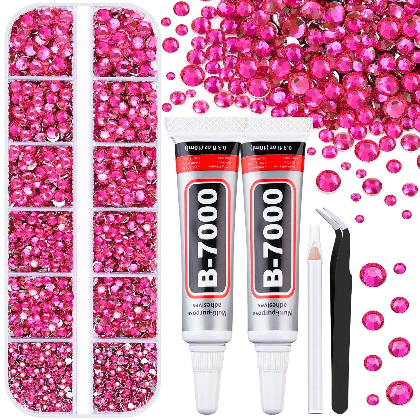 6100Pcs Resin Rhinestones for Crafting with 2Pcs 10ml B7000 Jewelry Glue, 1 Box Flatback Crystals Diamond (Hot Pink) for Bedazzling Crafts DIY Nail Art Non Hotfix Gems for Clothing Shoes