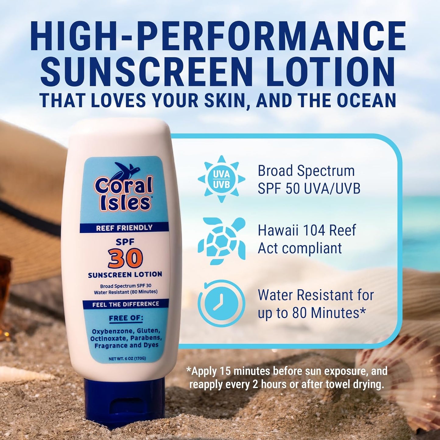 Coral Isles Sunscreen SPF 30 | Hawaii Compliant as Reef Safe | Octinoxate & Oxybenzone Free | Broad Spectrum UVA/UVB Protection | Water Resistant 80 Min. | Fragrance Free | 6 Fl Oz (Pack of 1))
