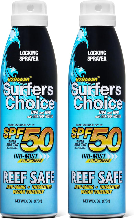 H2Ocean Surfers Choice SPF 50 Spray - Quick-Drying Sunscreen Spray for Tattoo Aftercare & UV Protection - Reef-Safe Sun Protection for All Ages - 6 oz (Pack of 2)