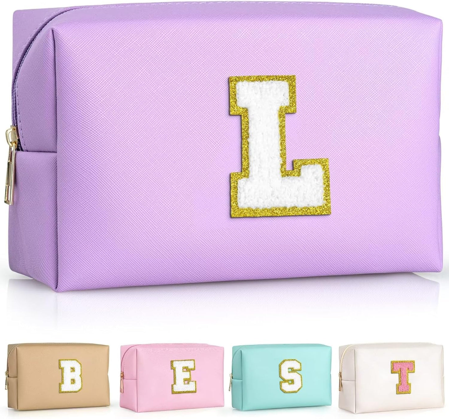 TOPEAST Personalized Birthday Gifts for Women, Preppy Patch Makeup Bag, Chenille Letter Pouch Cosmetic Bag, Travel Organizer, Gifts for Friends, Cute Stuff for Women (Purple L)